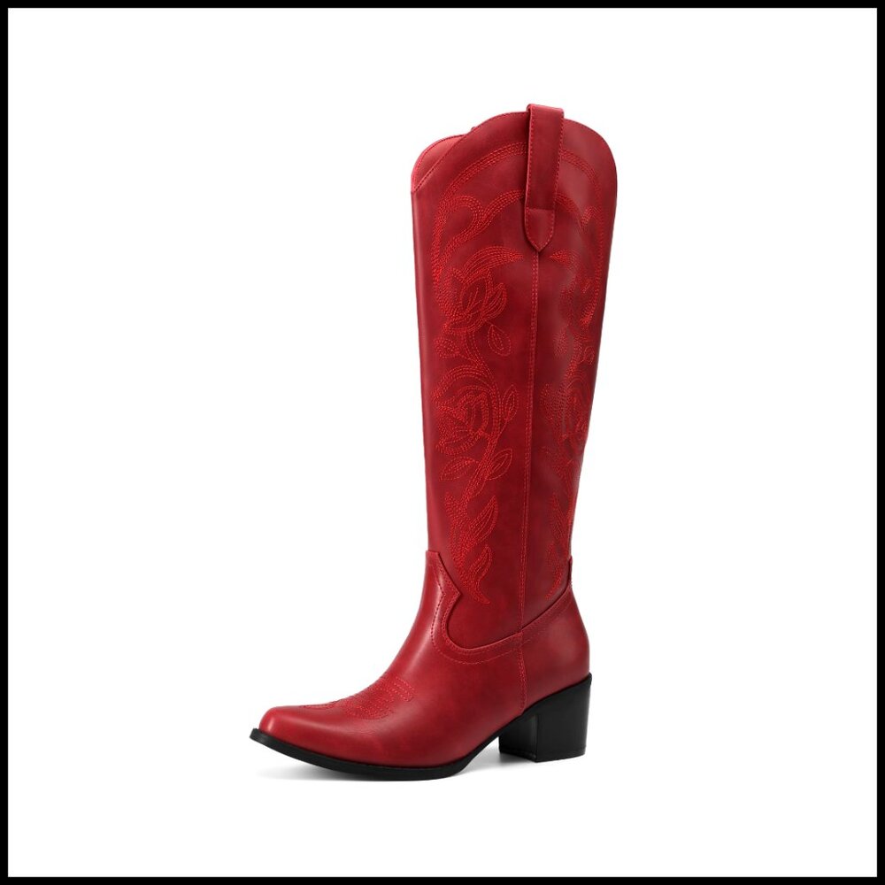 Women's Knee High Cowboy Boots Chunky Heel Square Toe Embroidered Western